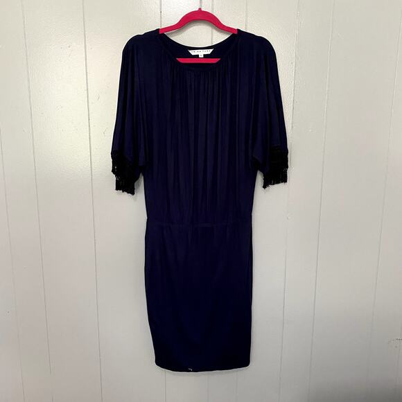 Trina Turk Indigo Blue Bird of Paradise Knit Tassels Party Blouson Dress S - Picture 2 of 10